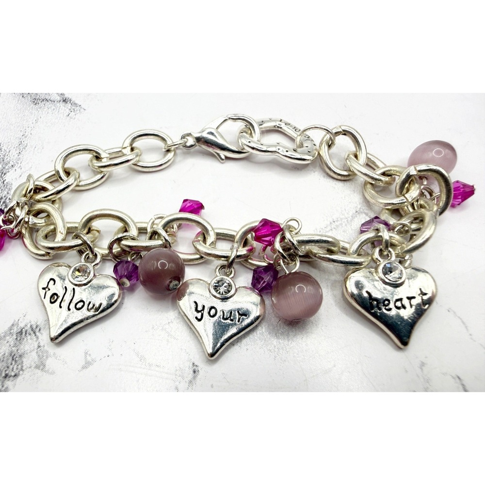Silver Heart Chunky Charm Bracelet "Follow Your Heart" Pink Bead 7 Inch‎